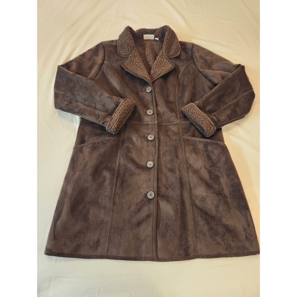 Denim & Co. Women's Brown Suede Sherpa Lined Coat Size L Velvety Plush Cozy Chic - Picture 5 of 10
